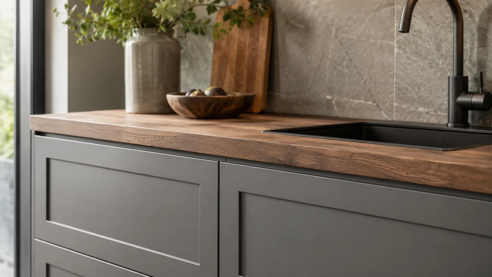 Detail van een grijze keuken met een houten werkblad en zwarte kraan