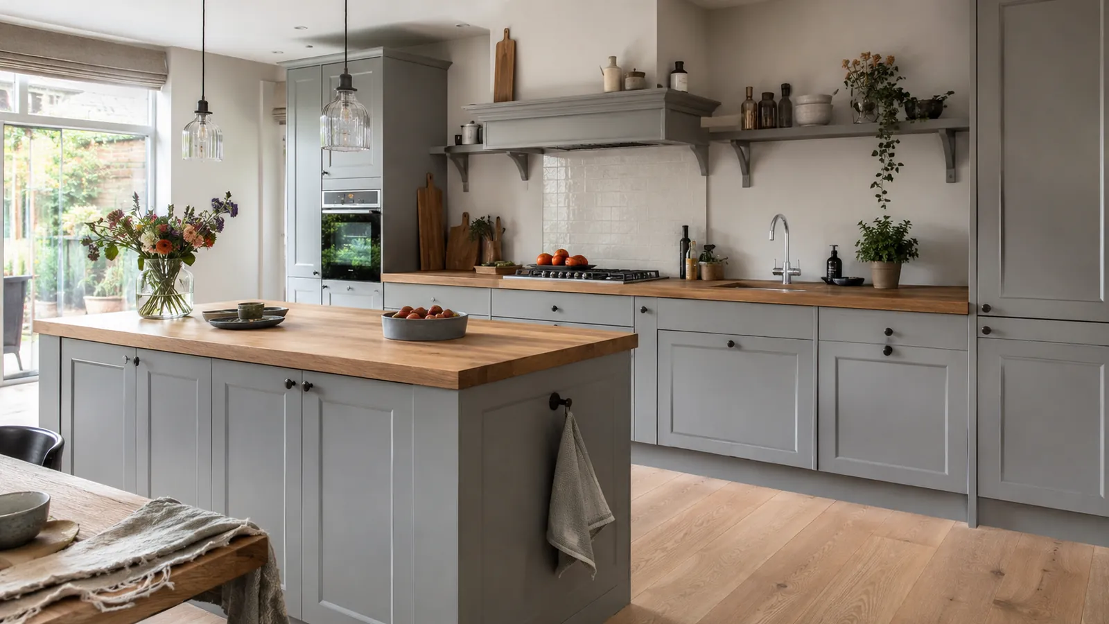 Grijze keuken met een houten werkblad in landelijke stijl