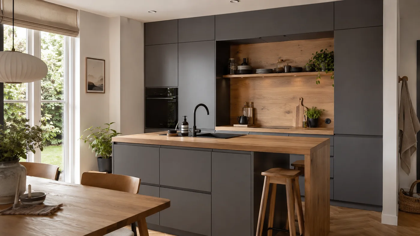 Donkergrijze keuken met een eiken werkblad en een houten nis