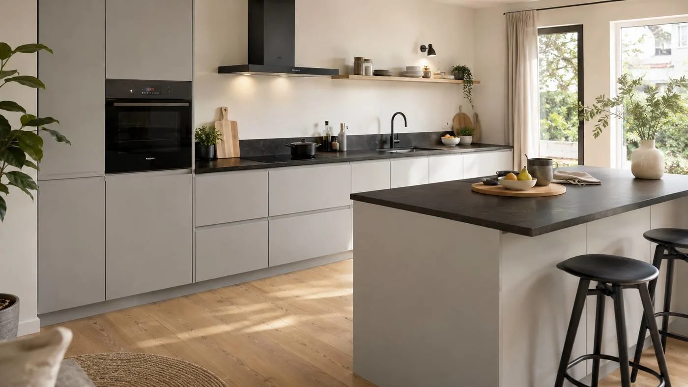Lichtgrijze keuken met een zwart werkblad en zwarte accenten