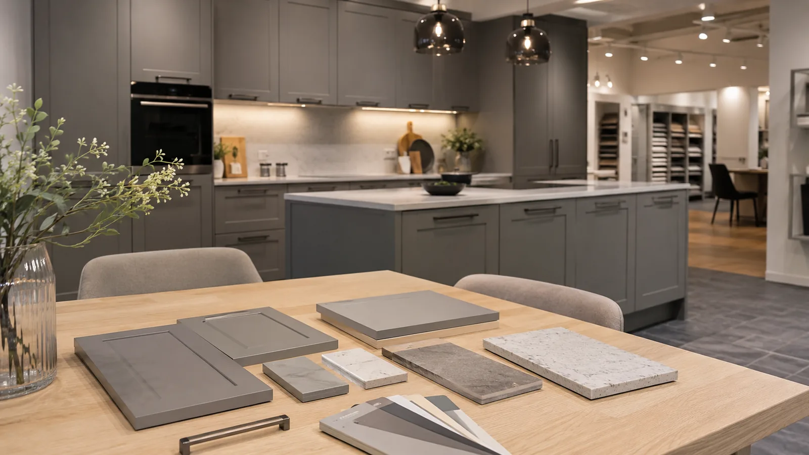 Grijze keuken in een Kitchen4All winkel met stukjes front en werkblad in verschillende tinten