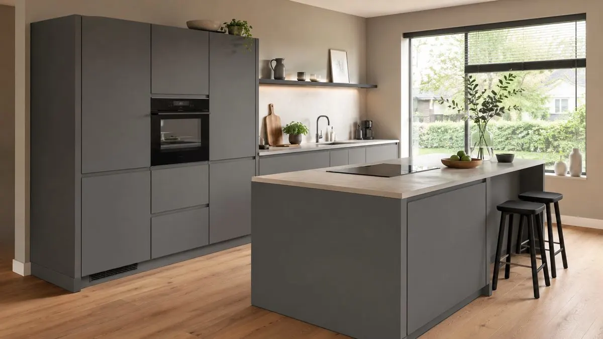 Matte grijze keuken met kookeiland, barkrukken en een lichte houten vloer