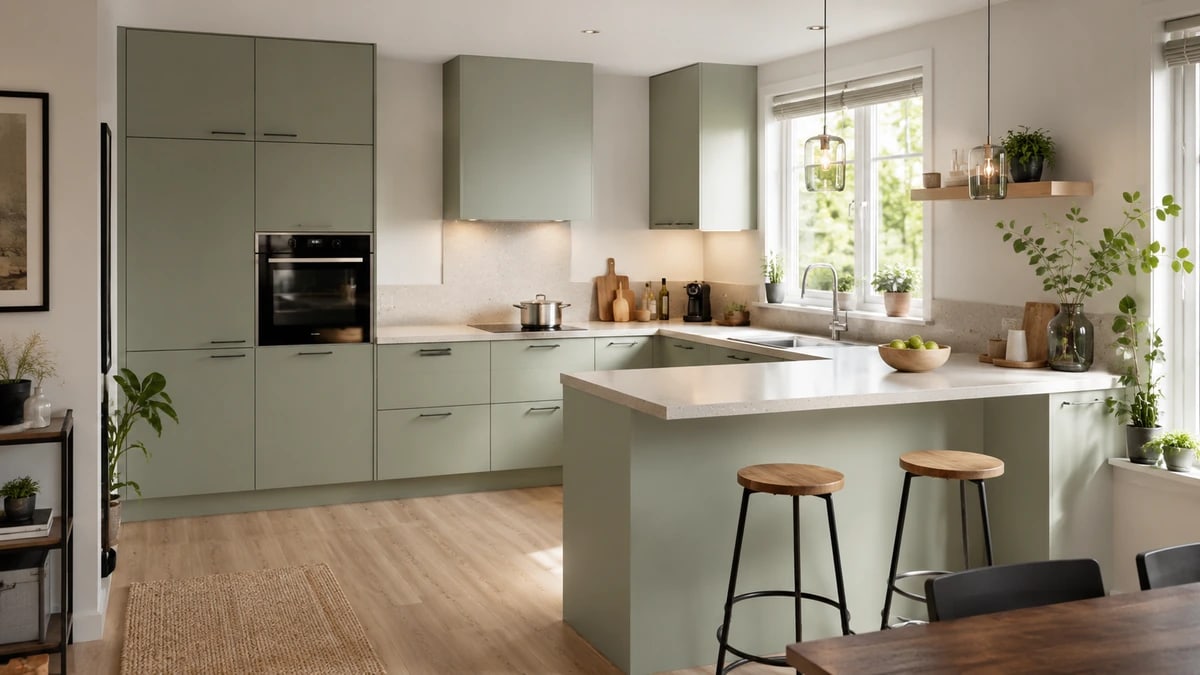 Lichtgroene Scandinavische keuken met veel planten en houten krukken