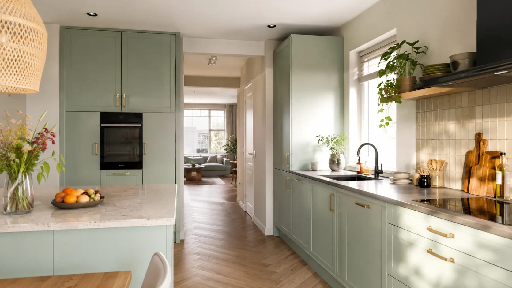 Mintgroene keuken met messing grepen, een marmeren eiland en planten