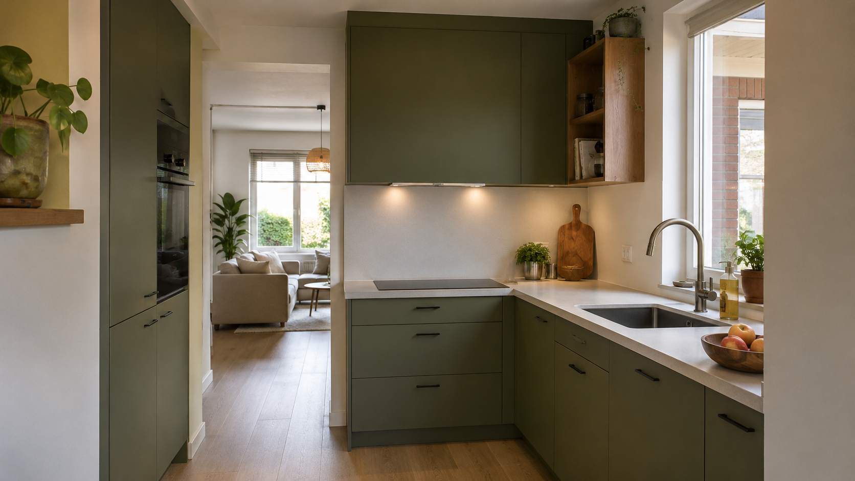 Moderne olijfgroene keuken die openstaat naar de woonkamer