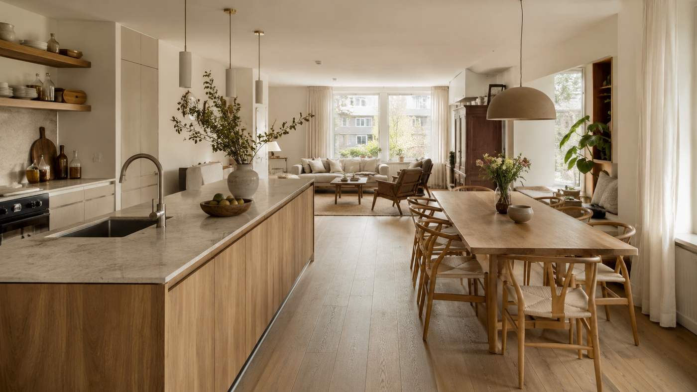 Grote open woonkeuken van hout die overloopt in een lichte woonkamer en eethoek