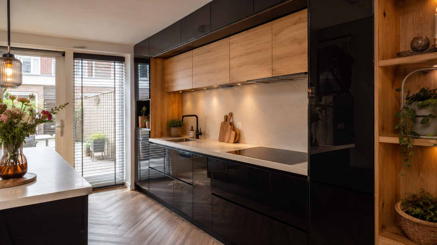 Glanzend zwarte keuken met houten kasten en licht werkblad