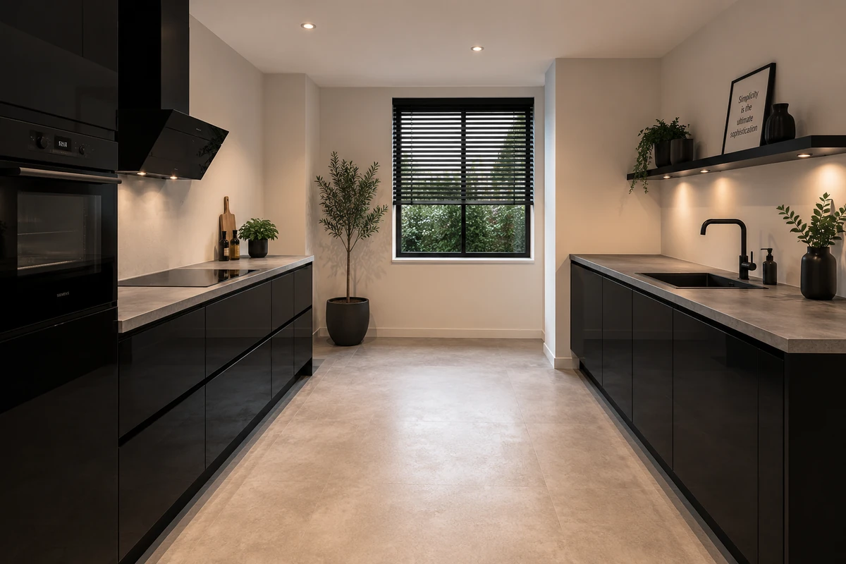Glanzend zwarte parallelkeuken met betonlook werkblad en olijfboom