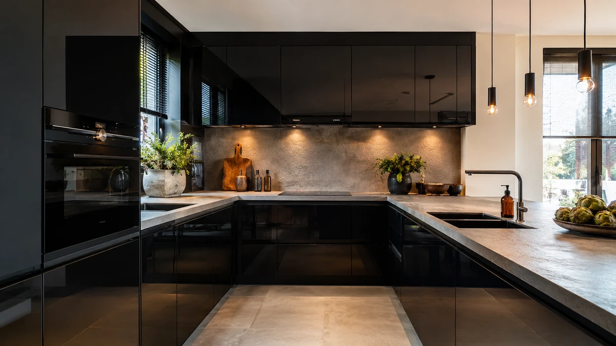 Glanzend zwarte u-keuken met betonlook werkblad