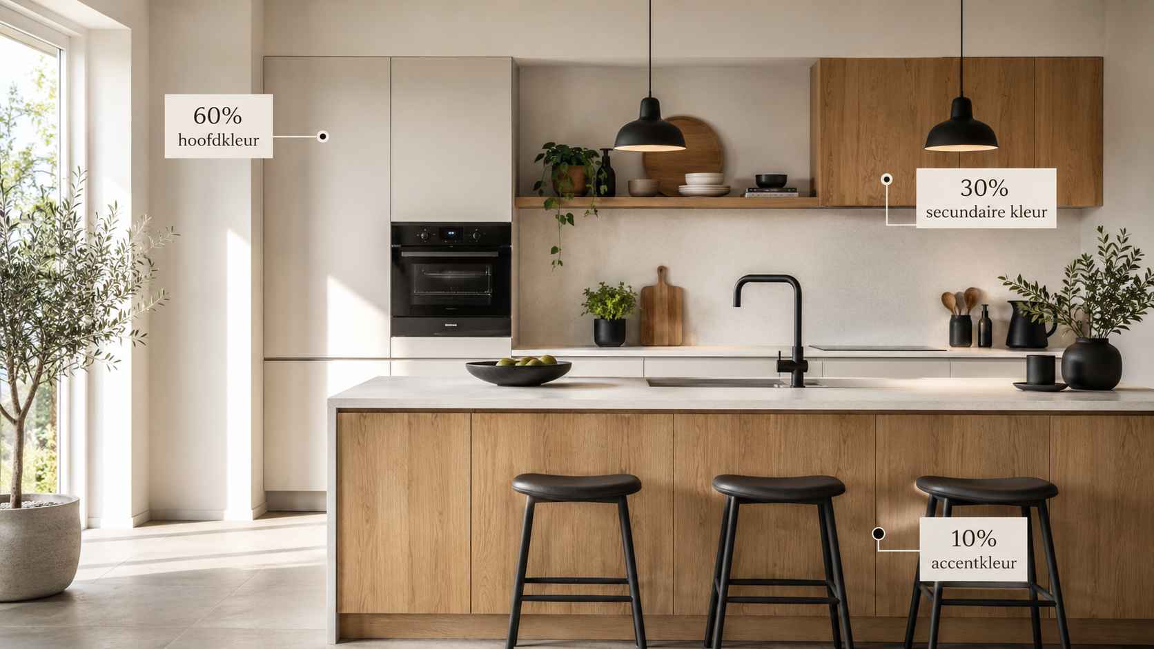 Keuken die de 60-30-10-regel toont: 60% hoofdkleur, 30% secundaire kleur en 10% accentkleur