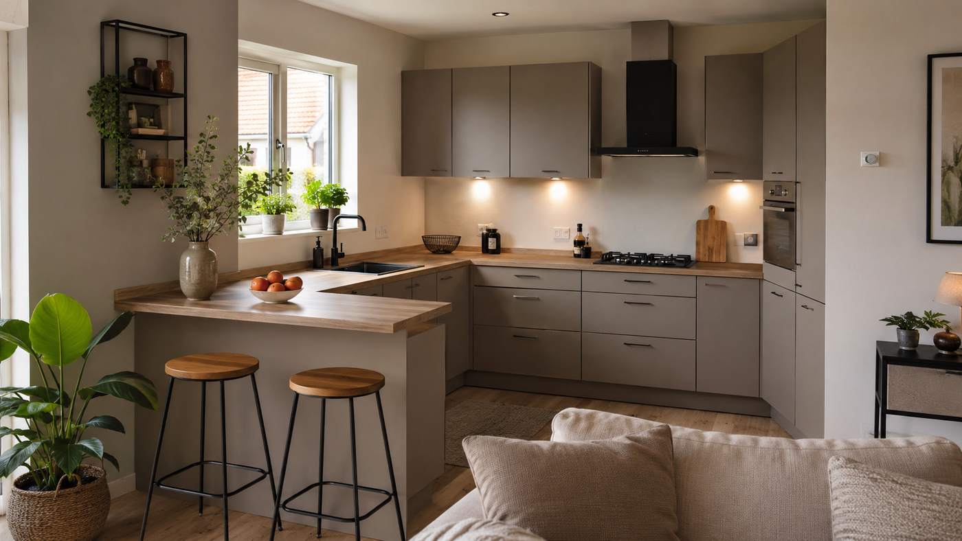Grijze L-keuken met een houten bar en twee barkrukken