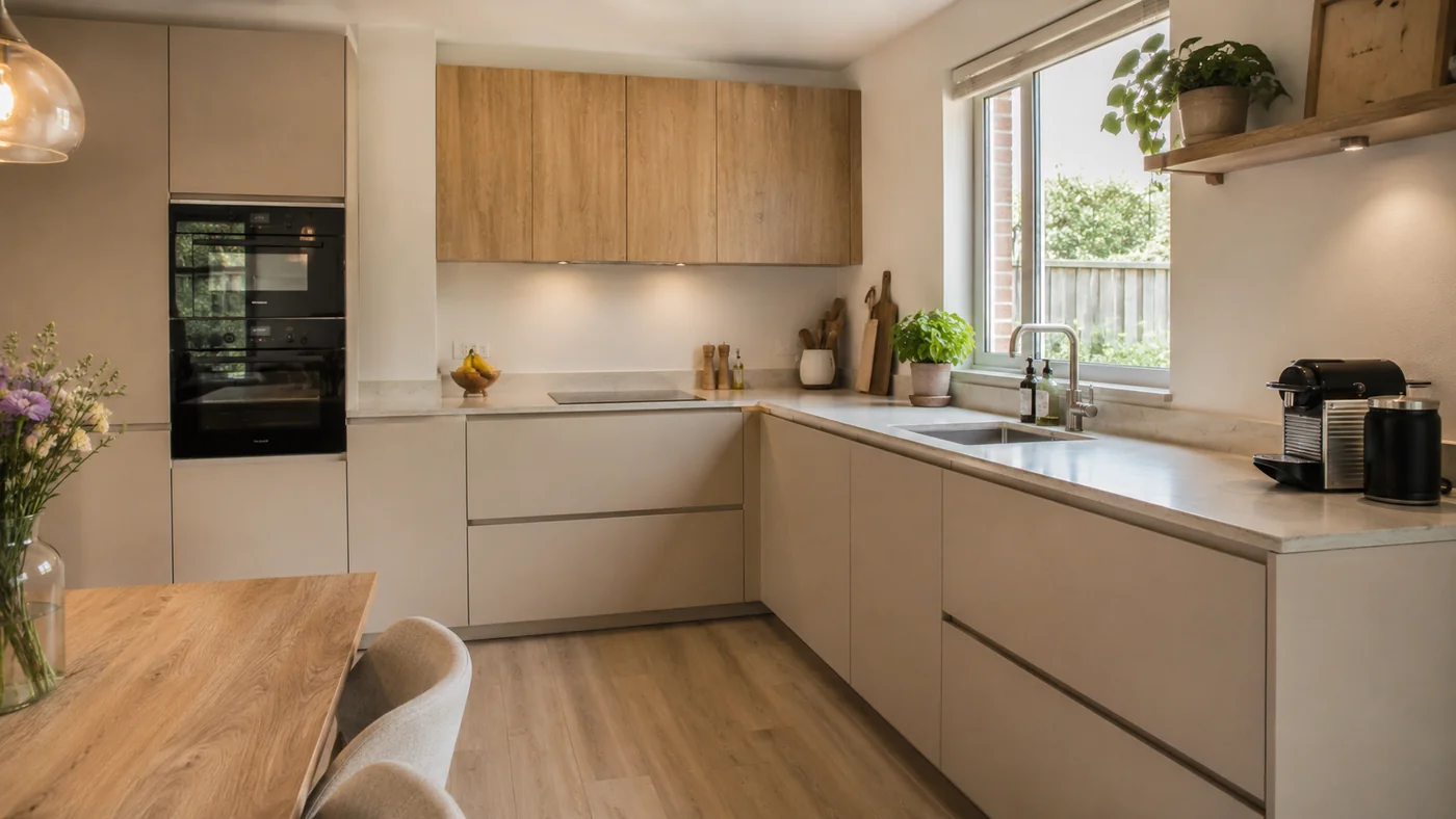 Compacte lichte L-keuken met houten bovenkasten en een marmerlook werkblad