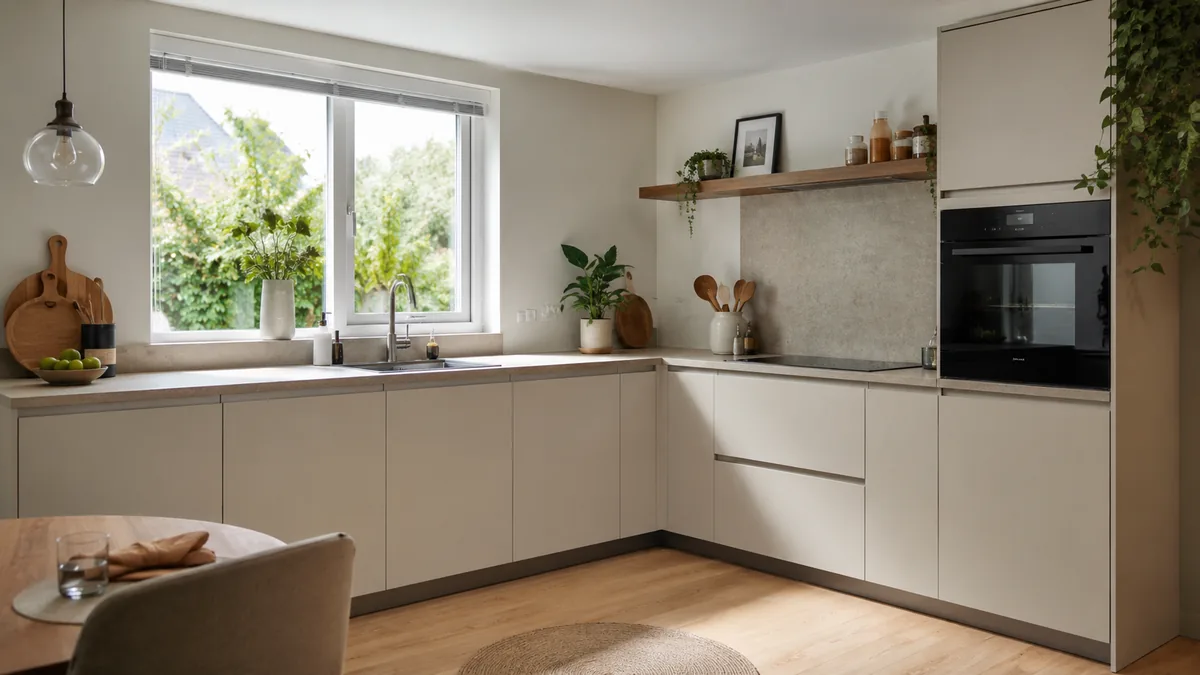 Lichte beige L-keuken met de spoelbak onder een groot raam