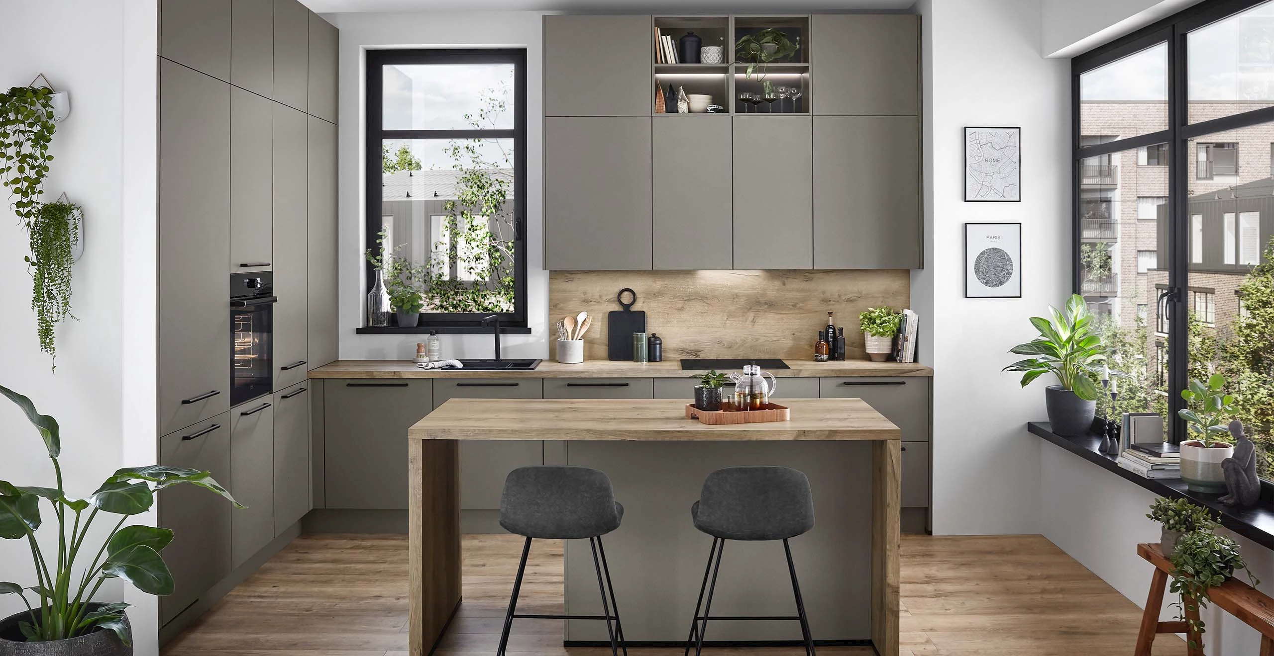 Grijze keukens met hout
