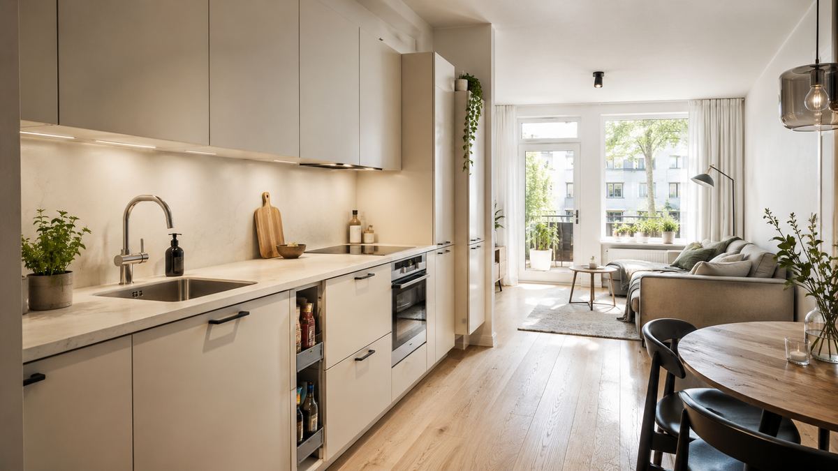 Lichte open keuken in een appartement die overloopt in een kleine woonkamer