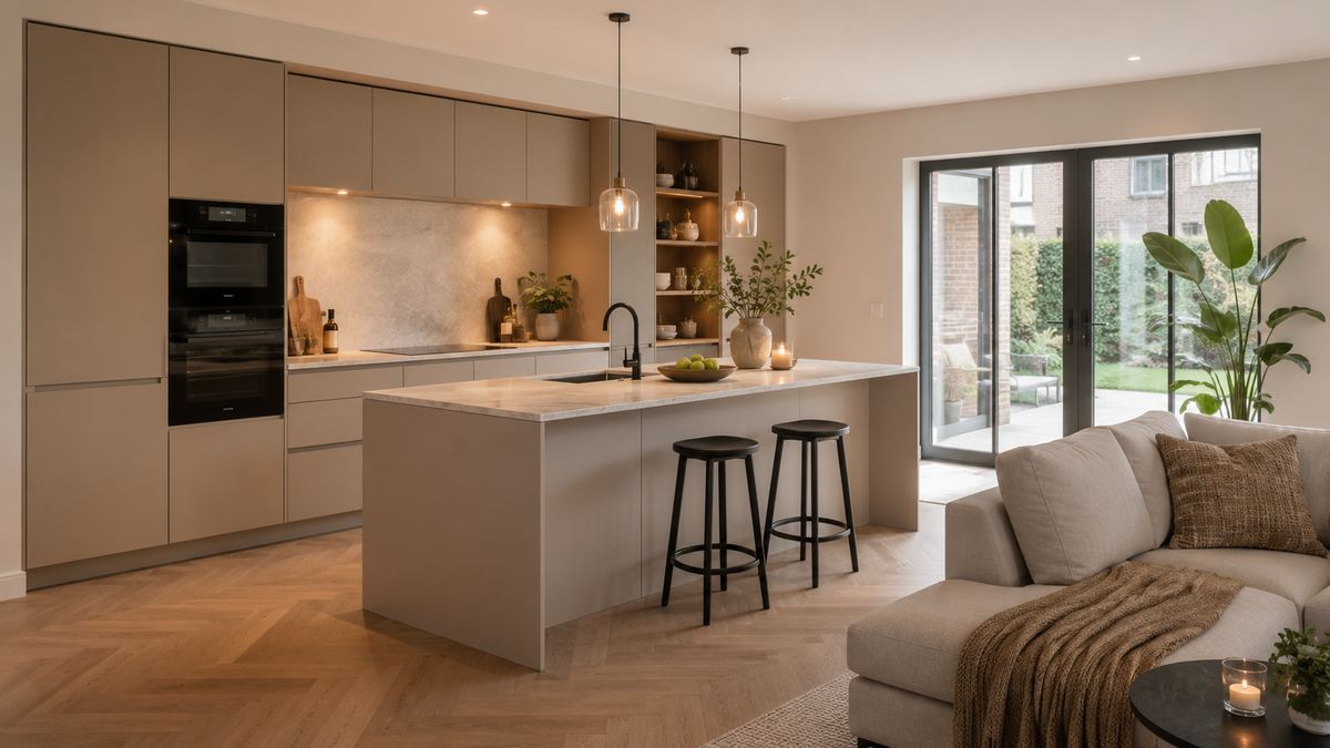 Open keuken met een eiland in warme tinten, sfeervol verlicht