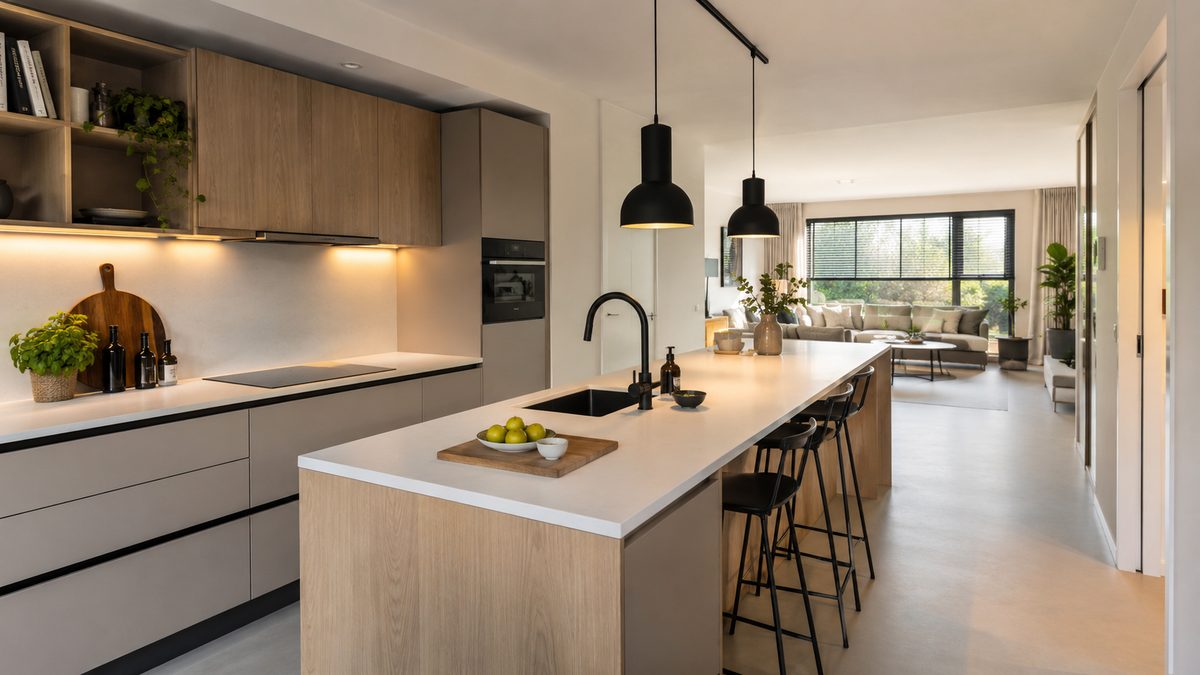 Open keuken met een groot eiland en houten bovenkasten, open naar de zithoek