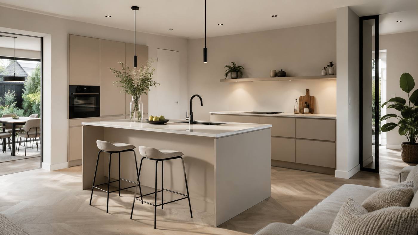 Lichte open keuken met een eiland en barkrukken bij de zithoek