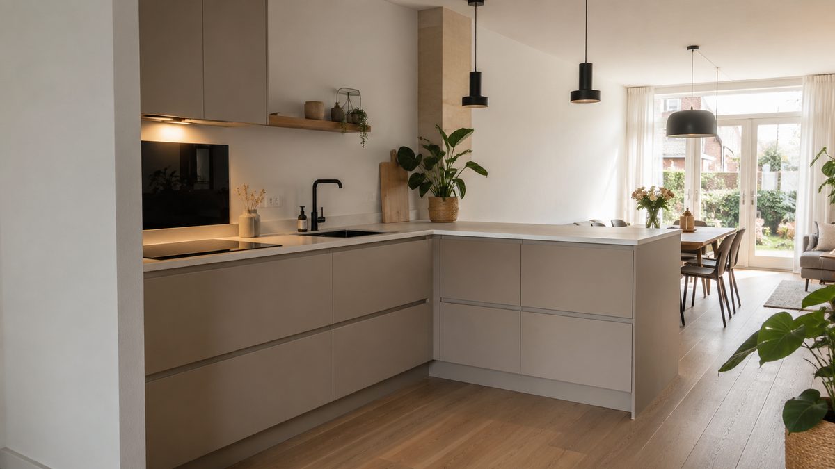 Beige open keuken die via een schiereiland overloopt in de eethoek