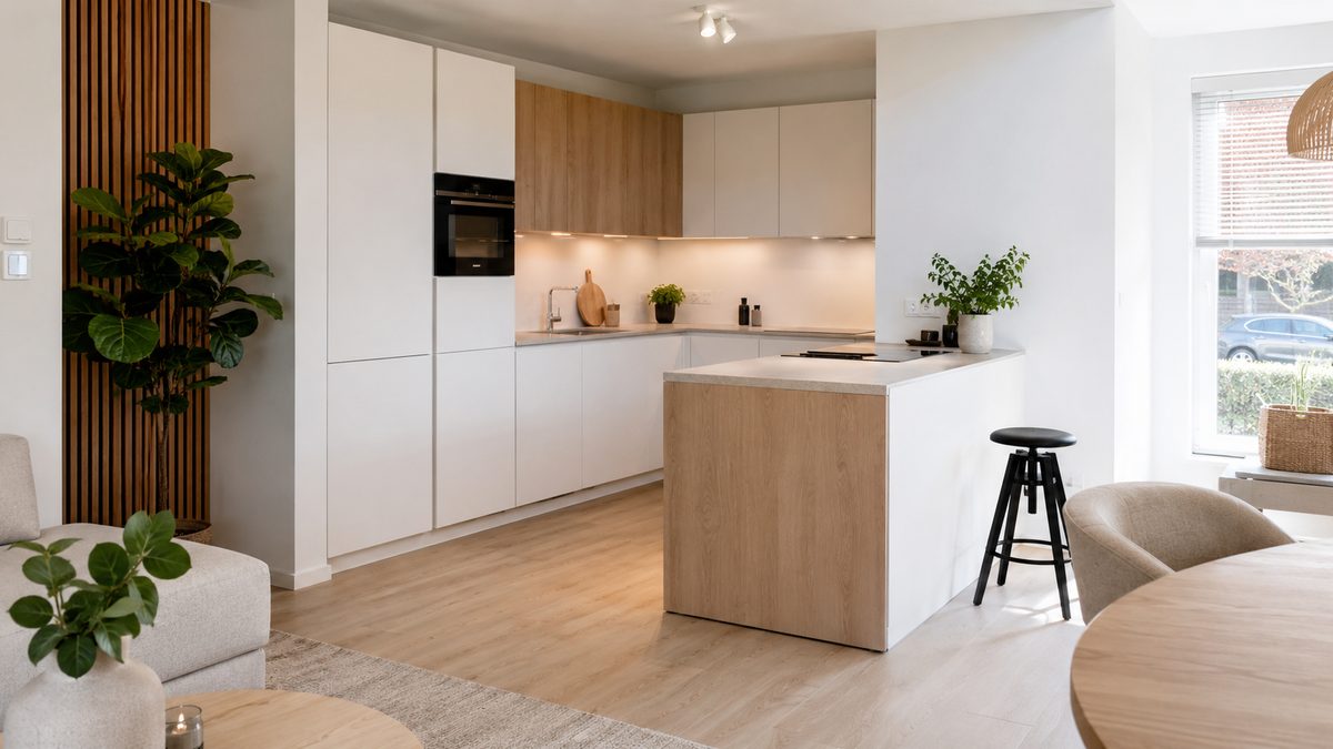 Kleine open keuken in lichte Scandinavische stijl met wit en licht hout, open naar de zithoek