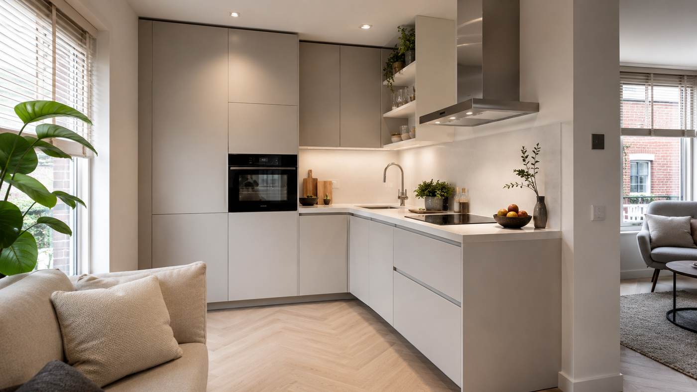 Compacte open hoekkeuken met hoge kasten, slim ingedeeld in een kleine ruimte