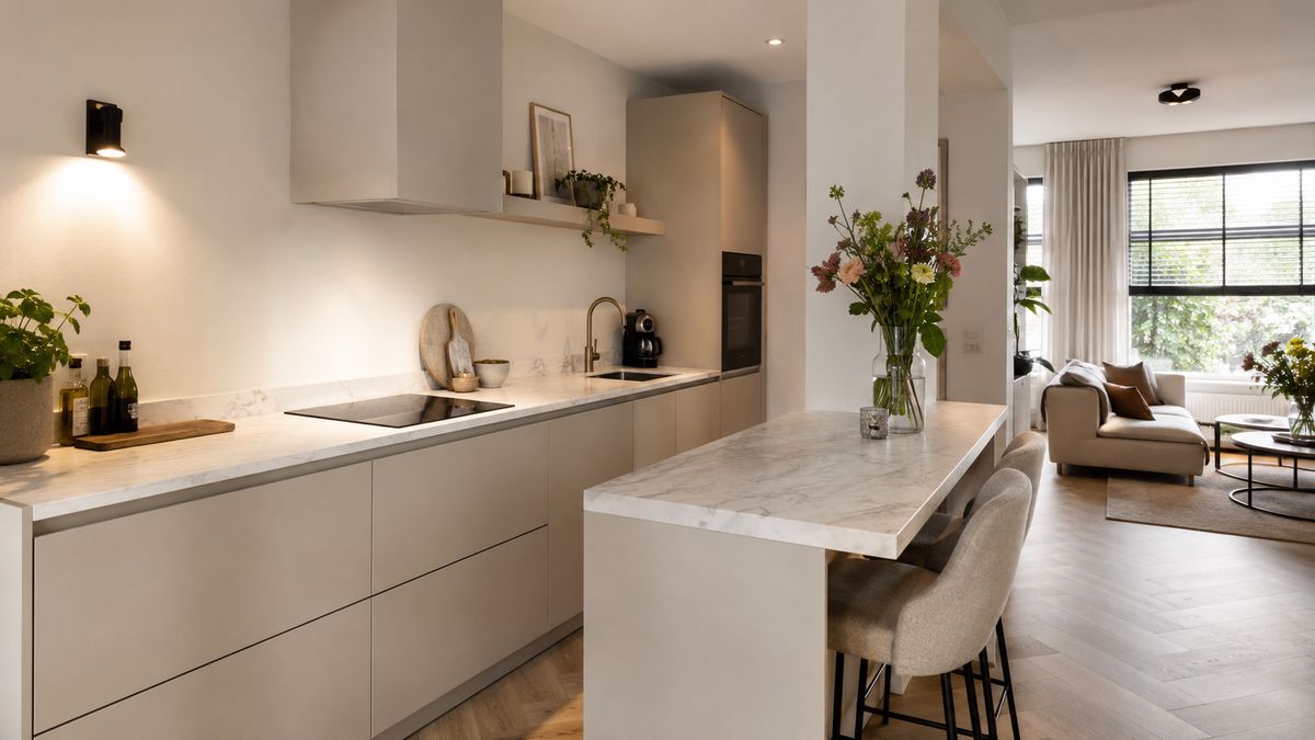 Kleine open keuken in warme tinten met een marmerlook eetbar bij de zithoek
