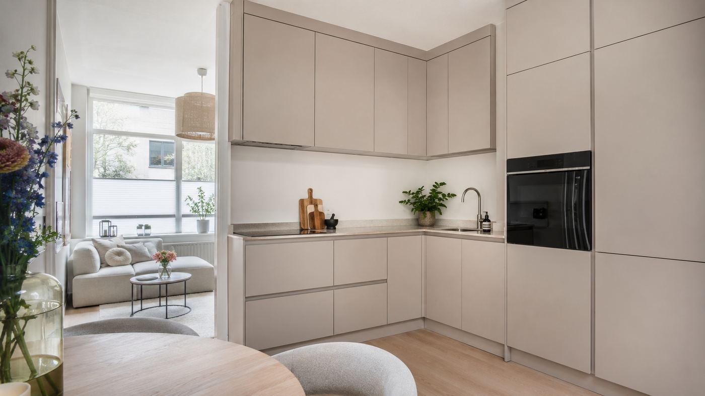 Kleine open keuken die overloopt in een woonkamer met zithoek en ronde eettafel