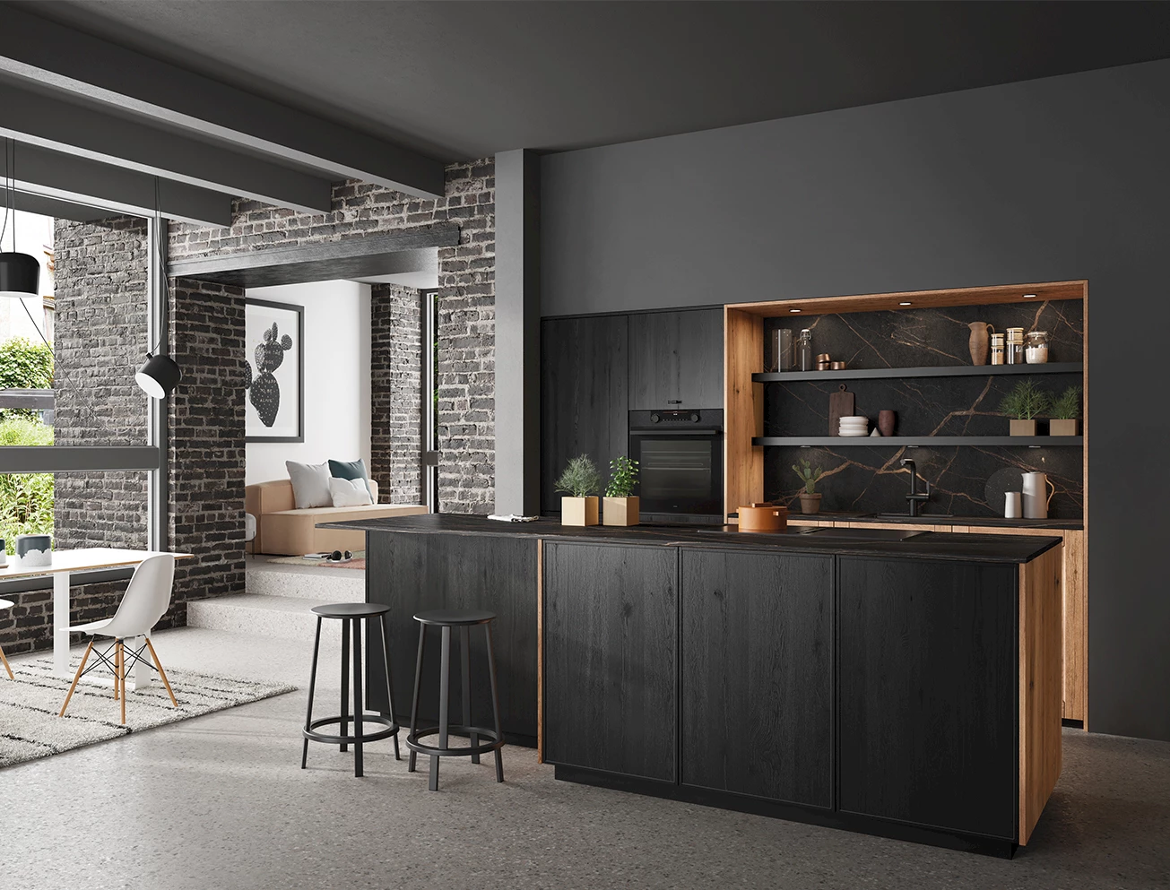 Keuken marmerlook met hout