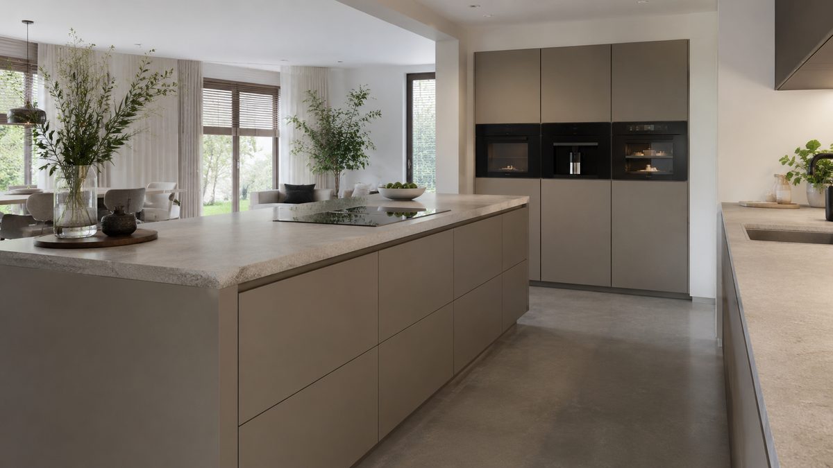 Strakke greige keuken met een groot kookeiland