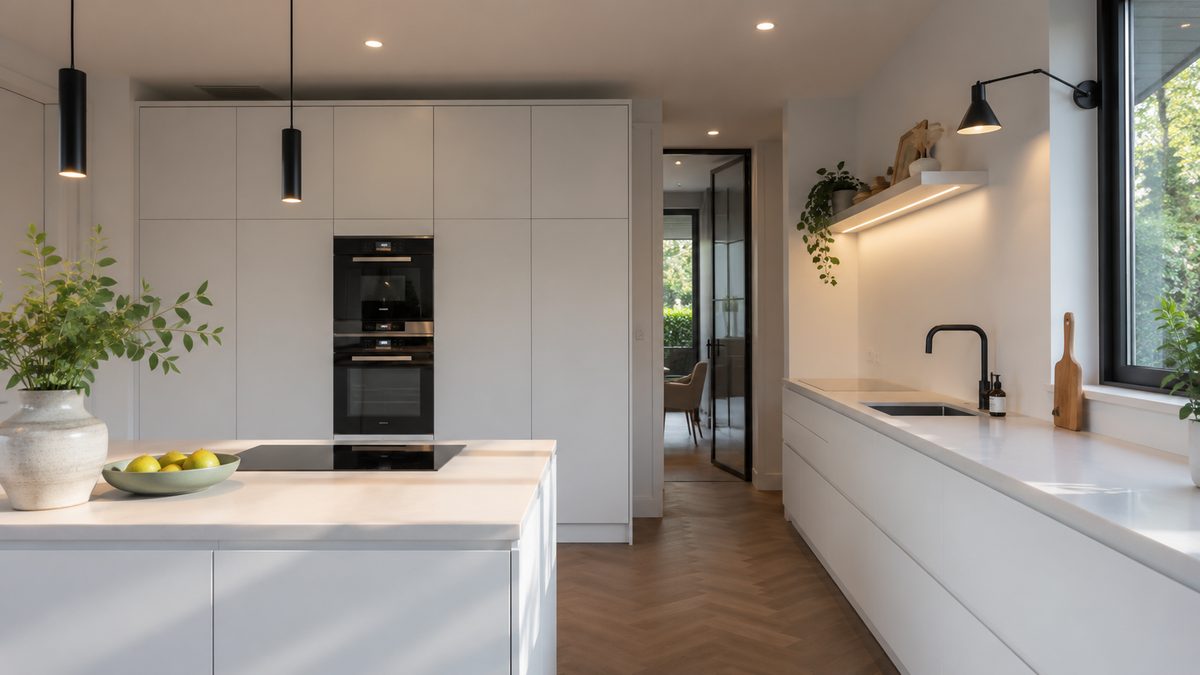 Strakke witte keuken met eiland en greeploze fronten