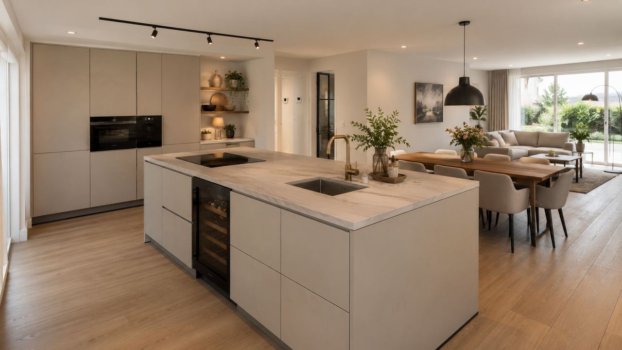 Lichte luxe woonkeuken met een eiland en een eettafel in dezelfde ruimte