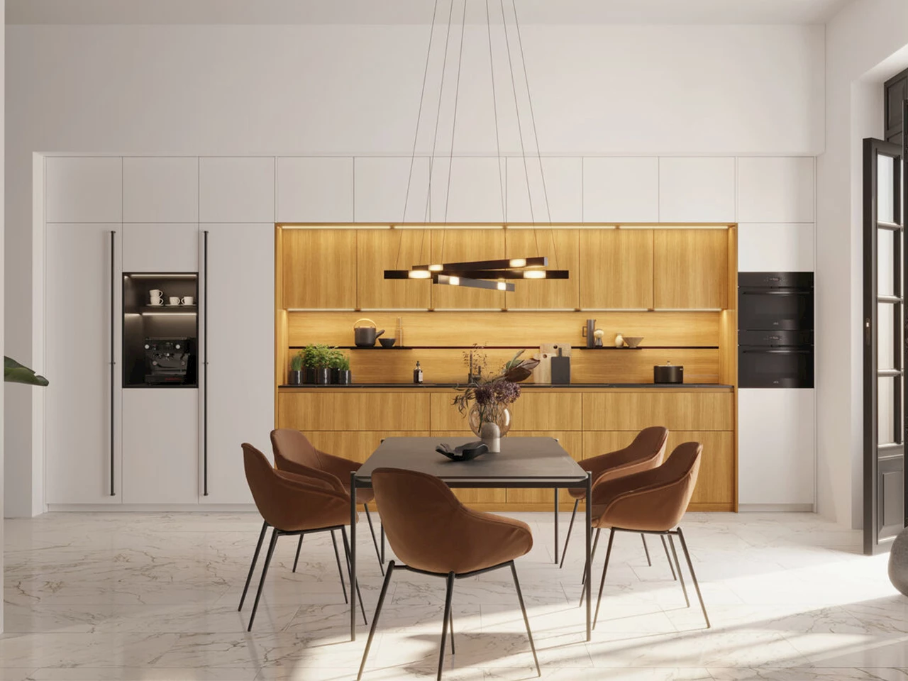 Lange rechte keuken met houtlook
