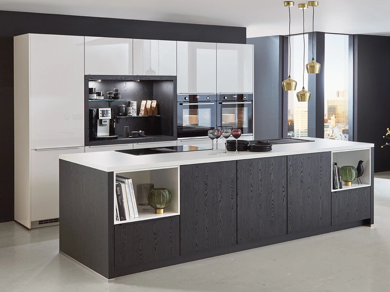 Zwarte witte keuken met wit blad