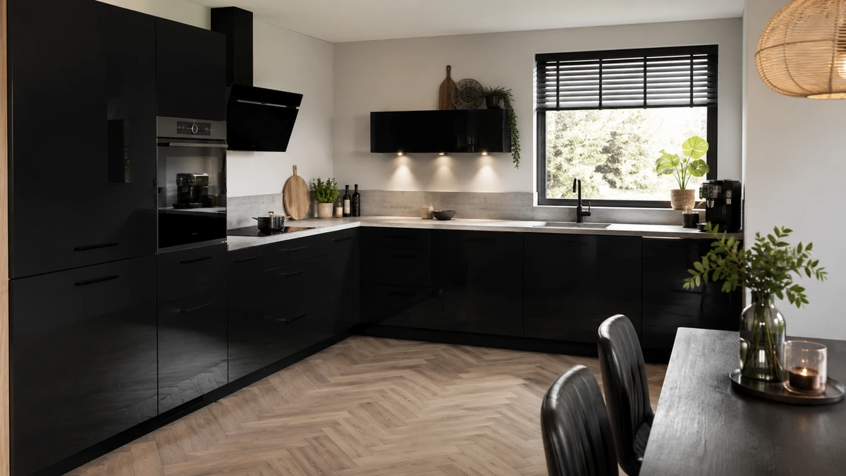 Zwarte hoekkeuken met betonlook werkblad en houten plank