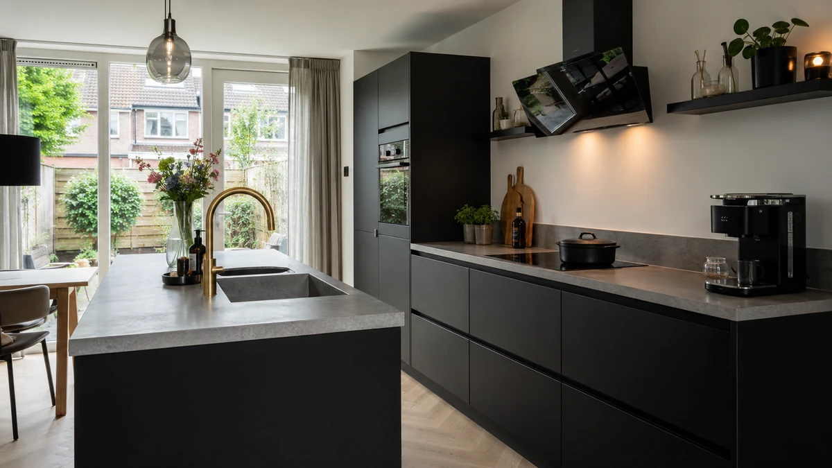 Zwarte keuken met grijs betonlook werkblad en gouden kraan