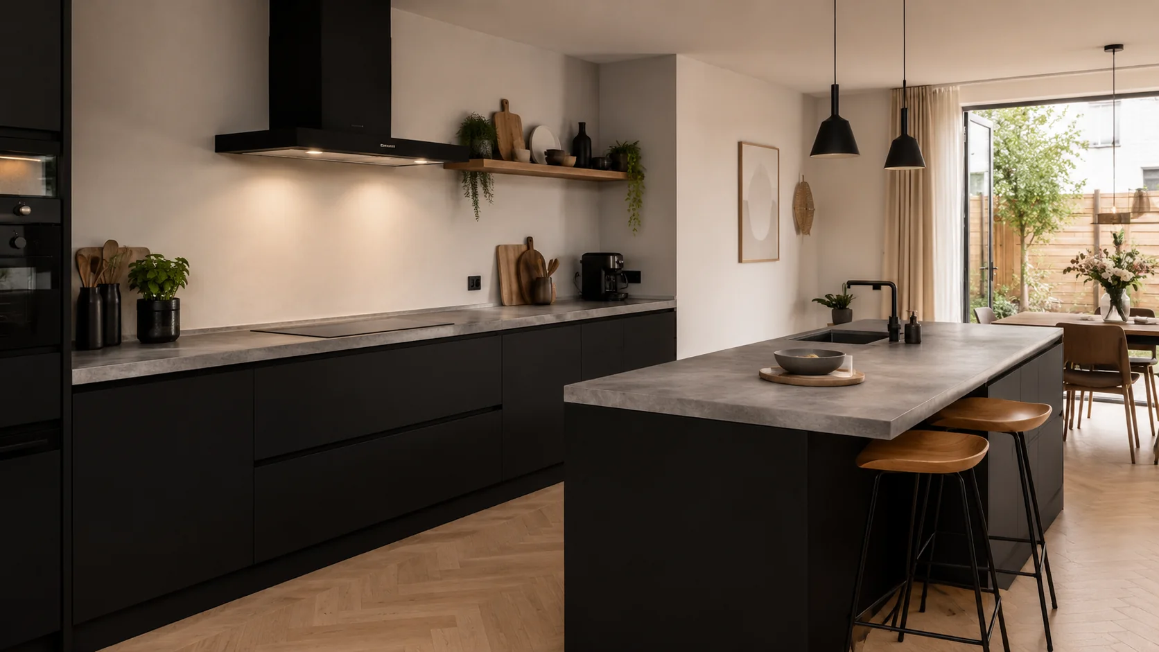Zwarte keuken met grijs betonlook werkblad en eiland
