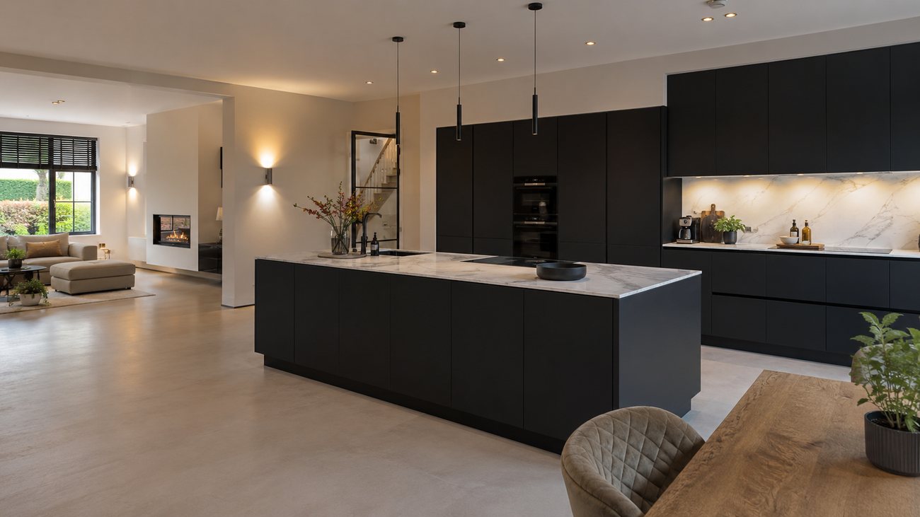 Zwarte keuken met wit marmerlook werkblad en marmeren achterwand
